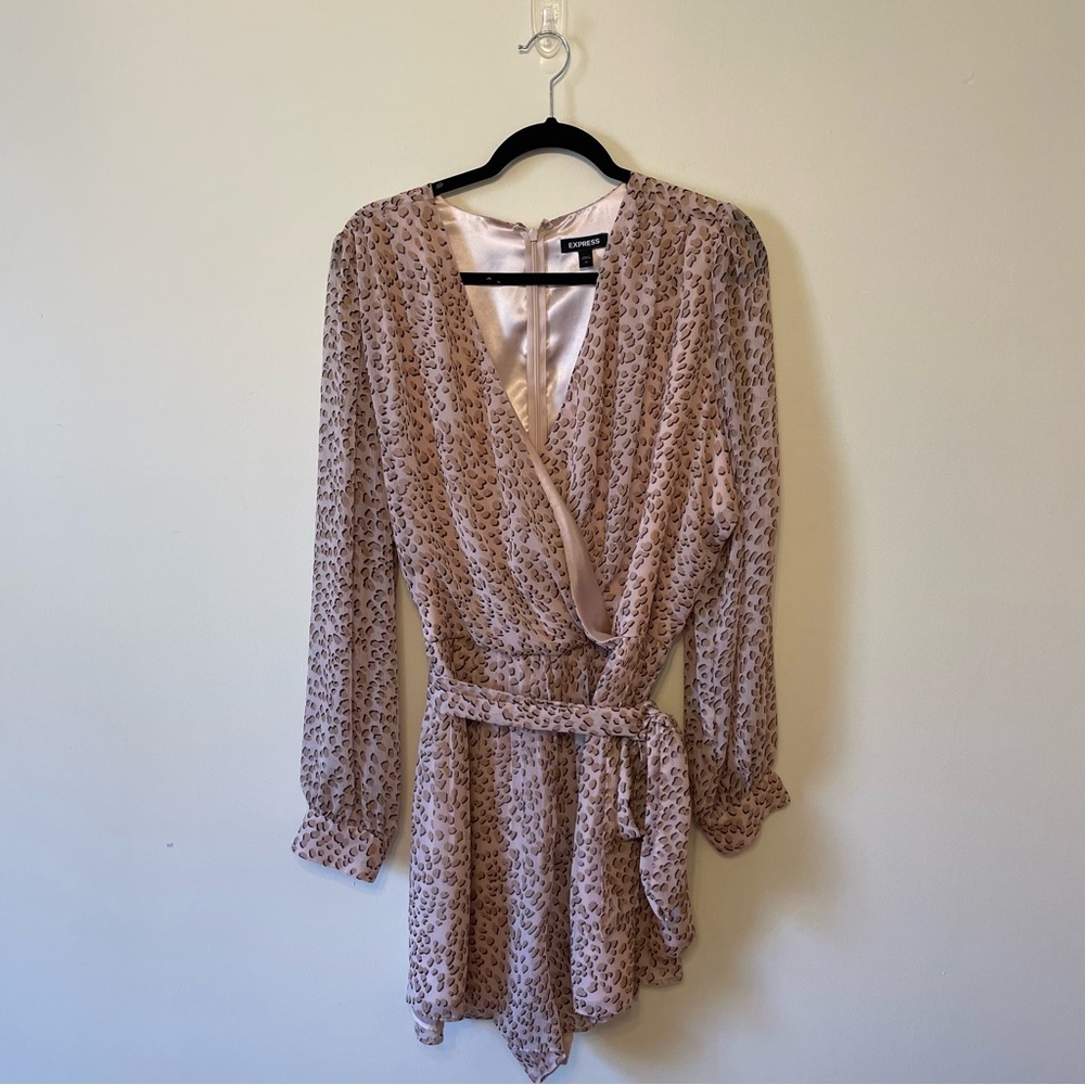 Express XL black pink romper bell sleeve pleated v neckline animal print cat